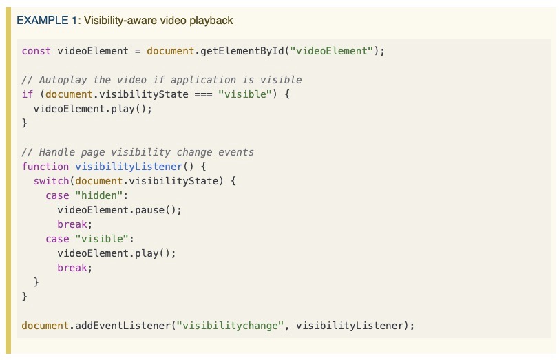 Example of Page Visibility API usage from specification